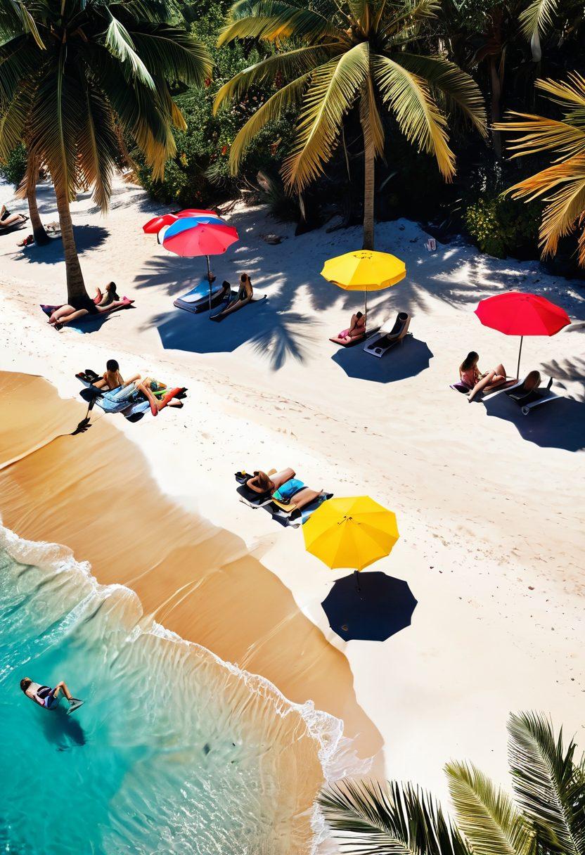 A vibrant beach scene featuring a diverse group of people, showcasing various swim attire styles from trendy bikinis to sporty swimsuits and stylish snorkel gear. The sun is shining brightly with colorful beach umbrellas scattered around, while some individuals are sunbathing on golden sand and others are snorkeling in crystal-clear water. Palm trees sway gently in the background, evoking a tropical paradise vibe. Creative splashes of color and a lively atmosphere enhance the visual appeal. super-realistic. vibrant colors. tropical theme.