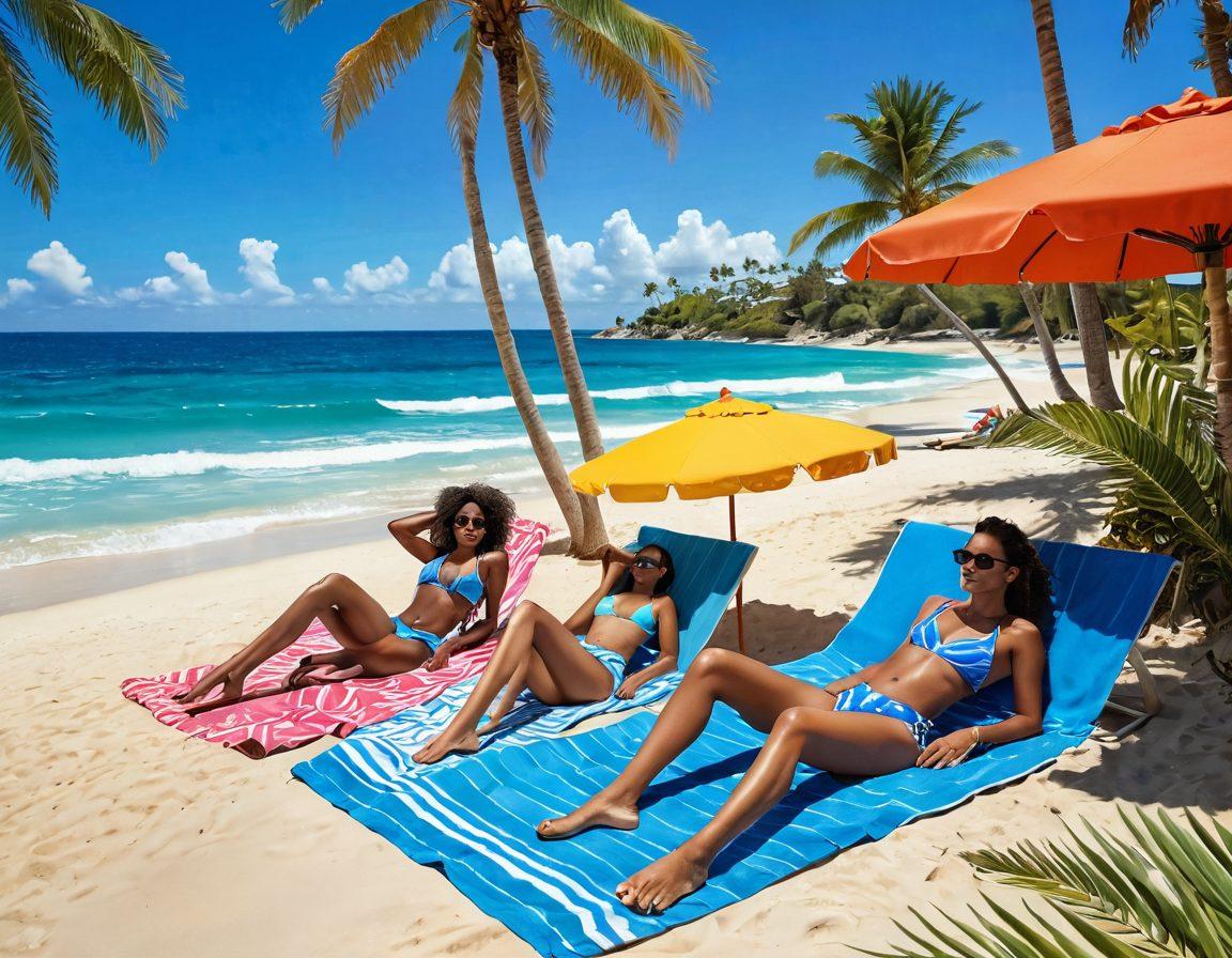 A sunny beach scene showcasing a diverse group of stylish individuals in fashionable two-piece swimwear, lounging on colorful beach towels. In the background, clear blue water and palm trees sway in the breeze, with vibrant beach umbrellas adding a pop of color. The atmosphere is relaxed and fun, encapsulating the essence of beach vacations. super-realistic. vibrant colors. summer aesthetic.